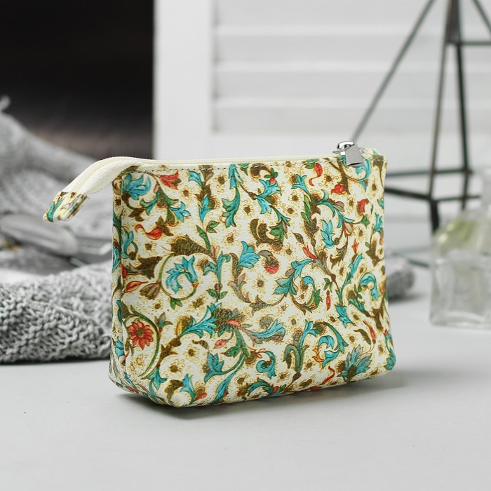 Косметичка простая, 1 отдел на молнии, цвет бежевый/бирюзовые узоры
