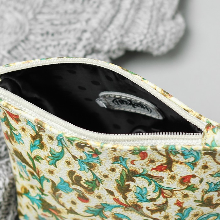 Косметичка простая, 1 отдел на молнии, цвет бежевый/бирюзовые узоры