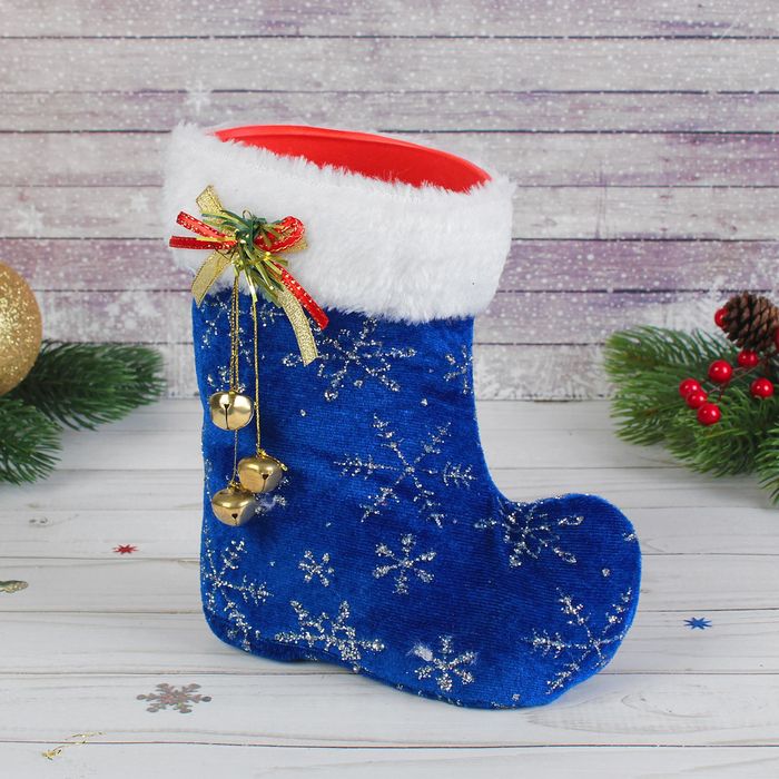 Подарочная упаковка "Сапожок" синий в снежинку с бантиком