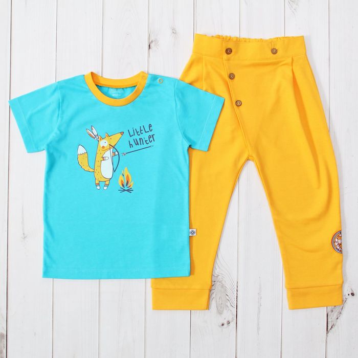 Комплект для мальчика (футболка и брюки) рост 68 см, цвет голубой/коричневый