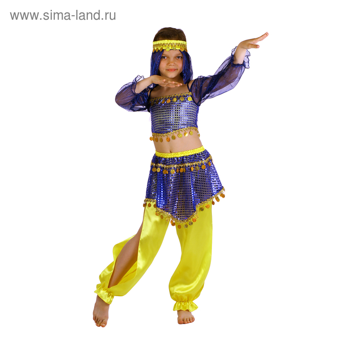 Карнавальный костюм Восточная красавица. Шахерезада, топ с рукавами, штаны, повязка, цвет сине-жёлтый, р-р 28, рост 98-104 см