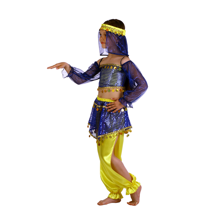 Карнавальный костюм "Восточная красавица. Шахерезада", топ с рукавами, штаны, повязка, цвет сине-жёлтый, р-р 30, рост 110-116 см