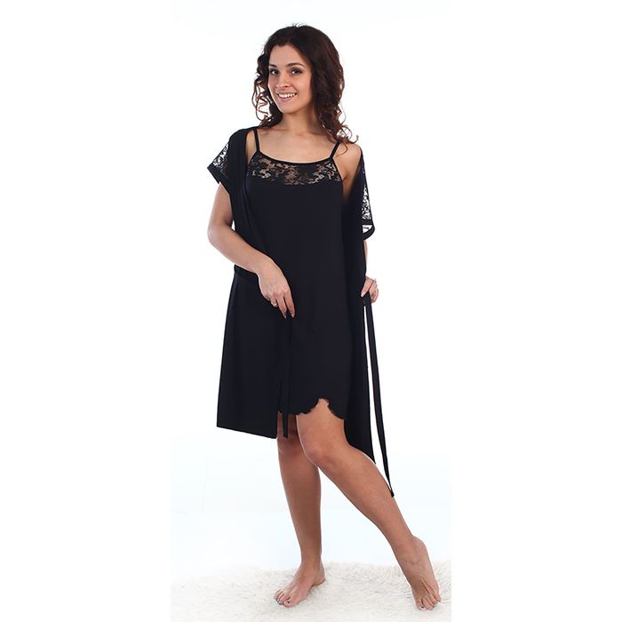 Комплект женский (пеньюар, сорочка) 851 цвет чёрный, р-р 52   вискоза