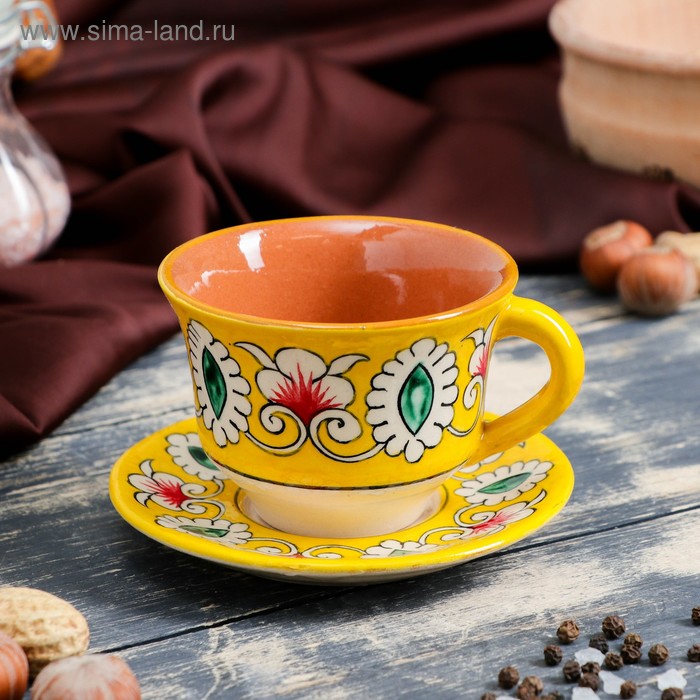 фото Чайная пара риштанская керамика 0,1л (тарелка 10см, чашка 7,5см) желтая