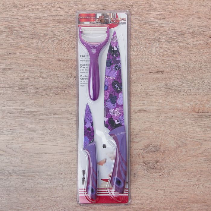 Набор 3 пр: 2 ножа с антиналипающим покрытием 8,5/20 см, овощечистка "Сердца"