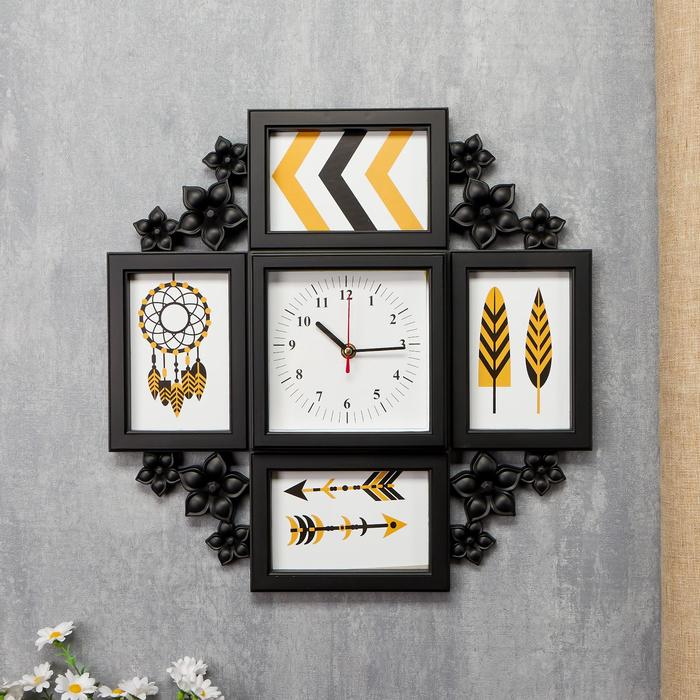 Фоторамка пластик на 4 фото 10х15 см с часами "Цветочки" чёрная 42х42 см