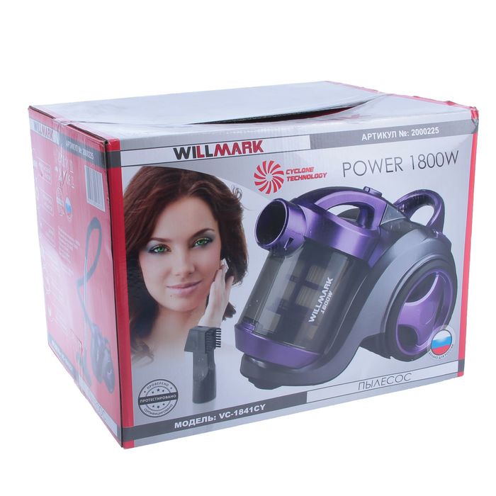 Пылесос WILLMARK VC-1841CY, 1800 Вт, мощность всасывания 250 Вт, циклон, фиолетовый