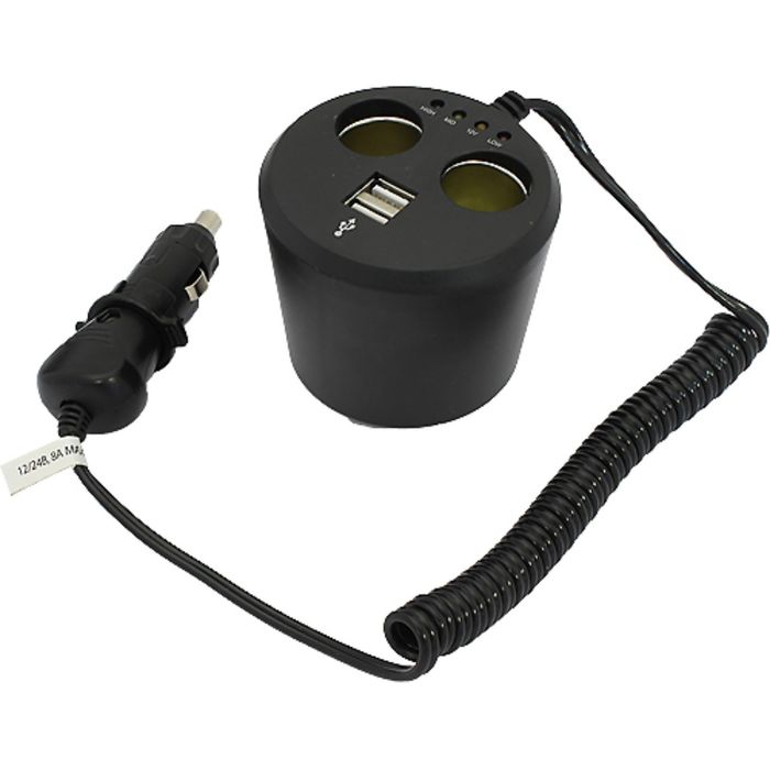 Разветвитель прикуривателя на 2 гнезда 8А и 2 USB, 12/24В, 2А