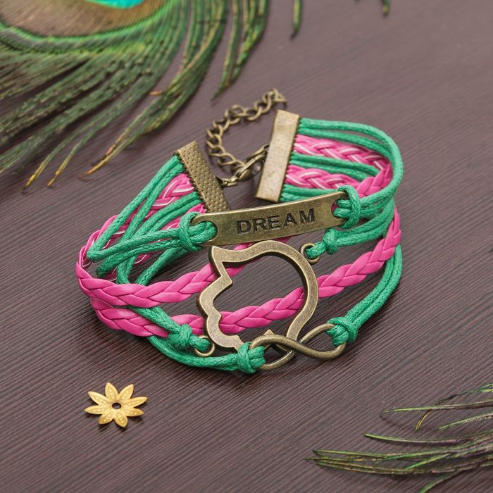 Браслет "Магия знаков" рука хамса и бесконечность, цвет розово-зелёный