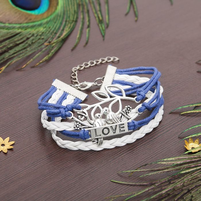 Браслет "Магия знаков" птицы на веточке, цвет бело-синий