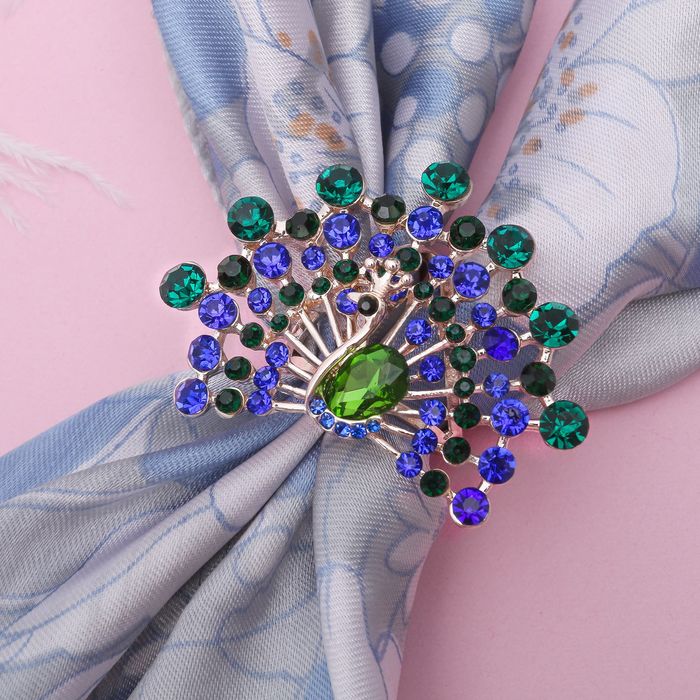 Кольцо для платка "Павлин", цветное в розовом золоте