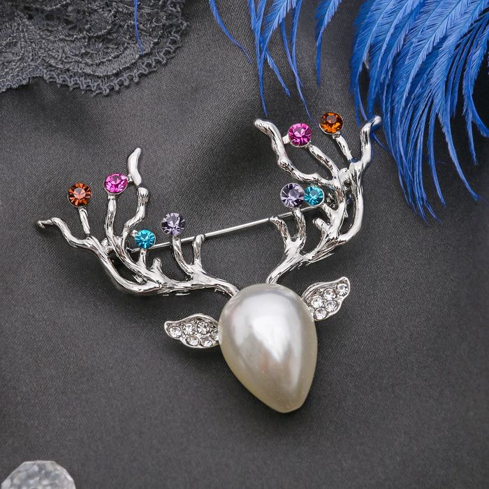 Брошь "Оленьи рога", разноцветная в серебре