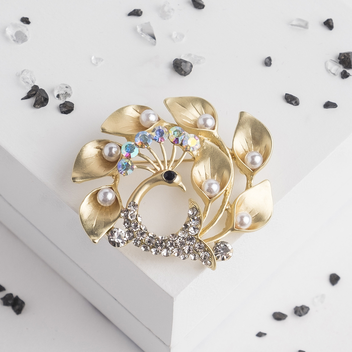 Брошь "Жар-птица", цвет белый в матовом золоте