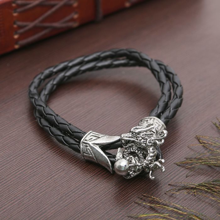 Браслет мужской "Петля" дракон, цвет чёрный в чернёном серебре