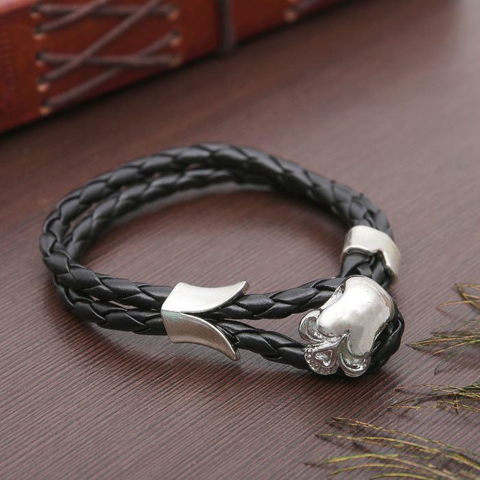 Браслет мужской "Петля" череп, цвет чёрный в чернёном серебре