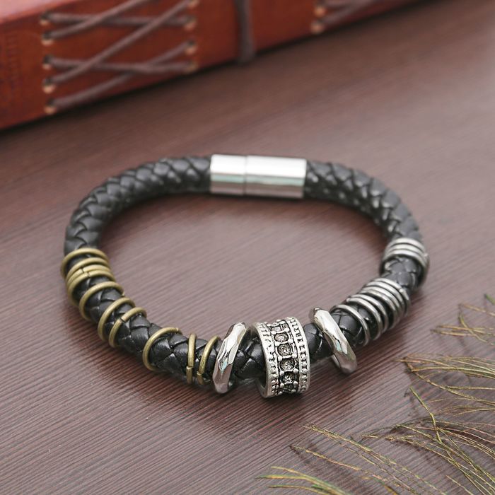 Браслет мужской "Стиль" кольца с бусиной, цвет чёрный