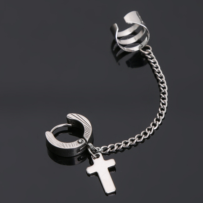 Пирсинг в ухо "Крестик с зажимом" на цепочке, цвет серебро