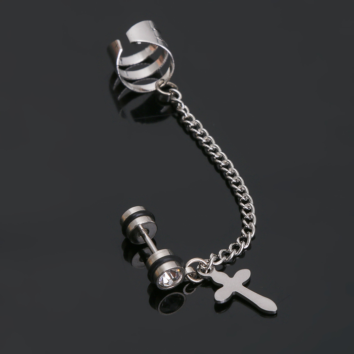 Пирсинг в ухо "Крестик с зажимом" со стразой на цепочке, цвет белый в серебре