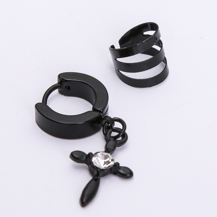 Пирсинг в ухо "Крестик и зажим", цвет черно-белый, фас 12 пар