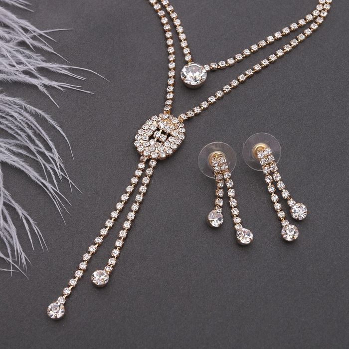 Гарнитур 2 предмета: серьги, кулон "Жаклин" дуэт, овал, цвет белый в золоте, 45см