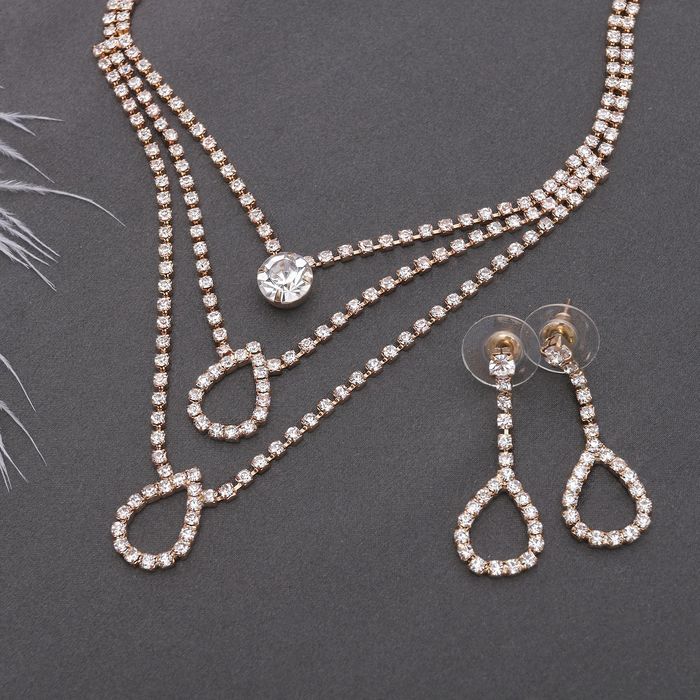 Набор 2 предмета: серьги, колье "Жаклин" трио, капля, цвет белый в золоте