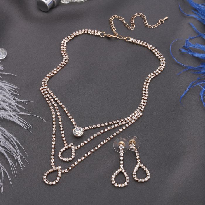 Набор 2 предмета: серьги, колье "Жаклин" трио, капля, цвет белый в золоте