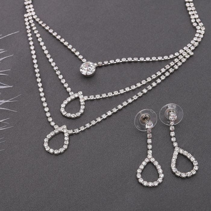 Набор 2 предмета: серьги, колье "Жаклин" трио, капля, цвет белый в серебре