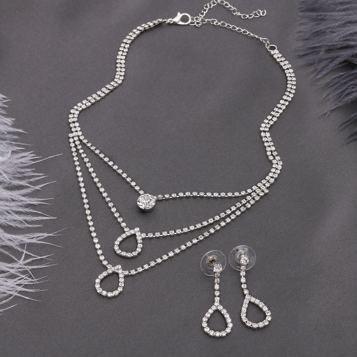 Набор 2 предмета: серьги, колье "Жаклин" трио, капля, цвет белый в серебре