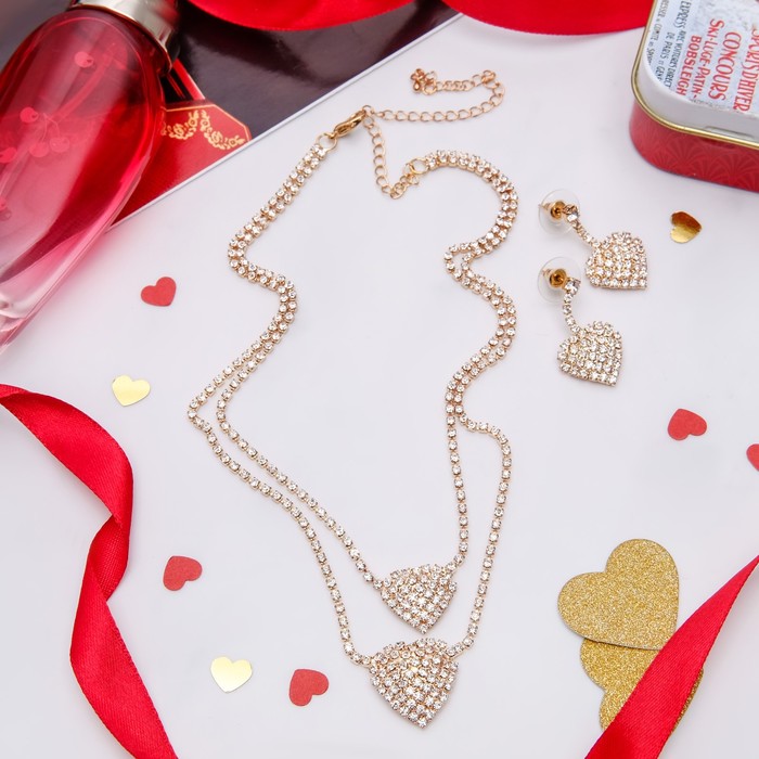 Набор 2 предмета: серьги, колье "Жаклин" дуэт, сердце, цвет белый в золоте