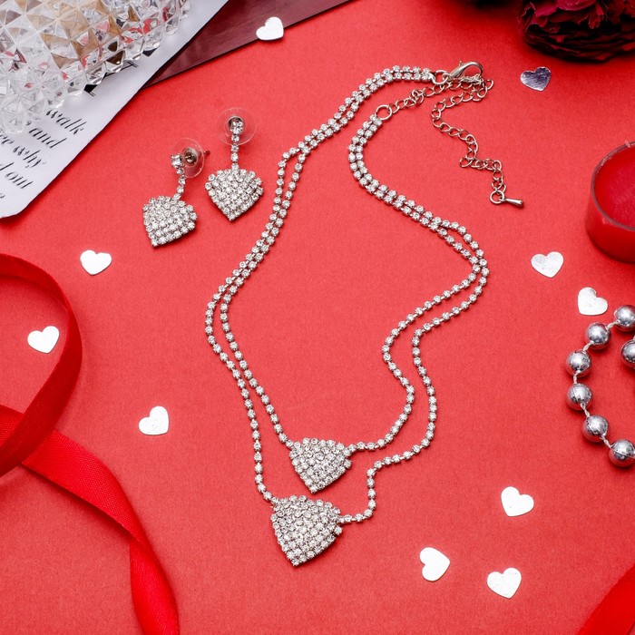 Набор 2 предмета: серьги, колье "Жаклин" дуэт, сердце, цвет белый в серебре
