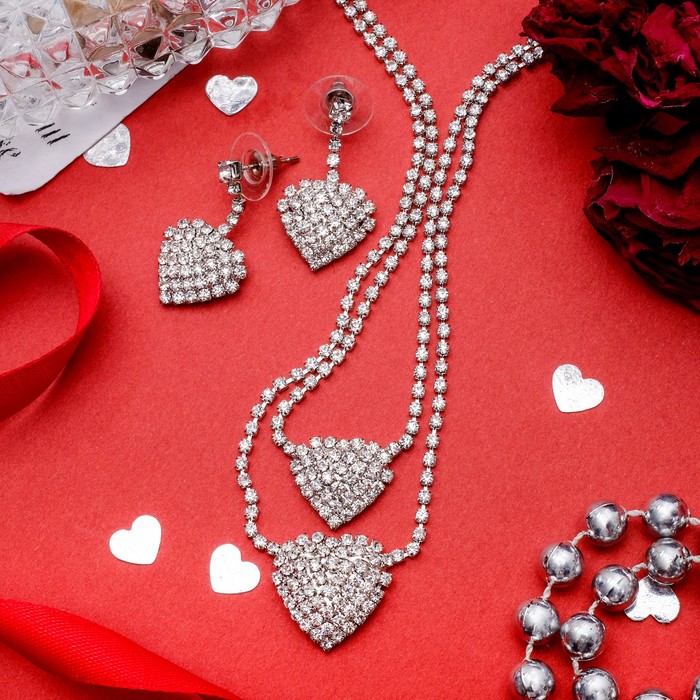 Набор 2 предмета: серьги, колье "Жаклин" дуэт, сердце, цвет белый в серебре