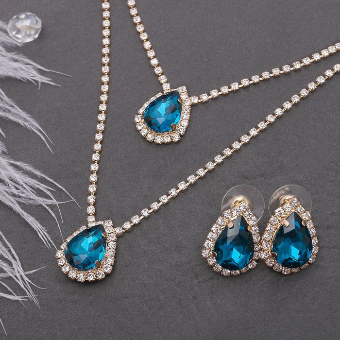 Набор 2 предмета: серьги, колье "Жаклин" дуэт, капля, цвет бело-морской в золоте