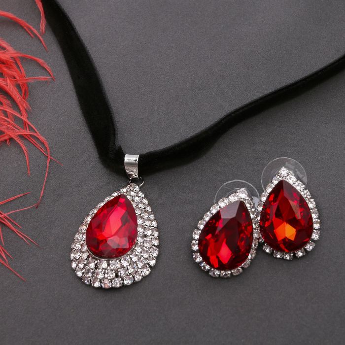 Гарнитур 2 предмета: серьги, кулон "Жаклин" капля, цвет бело-красный серебре