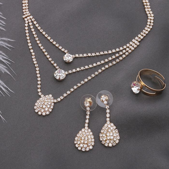 Набор 3 предмета: серьги, колье, кольцо "Жаклин" капля трио, цвет белый в золоте
