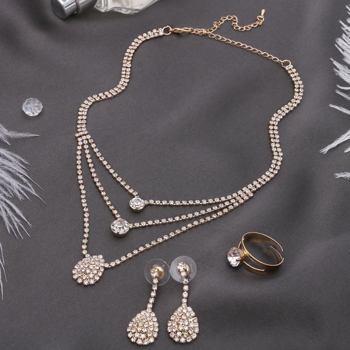 Набор 3 предмета: серьги, колье, кольцо "Жаклин" капля трио, цвет белый в золоте