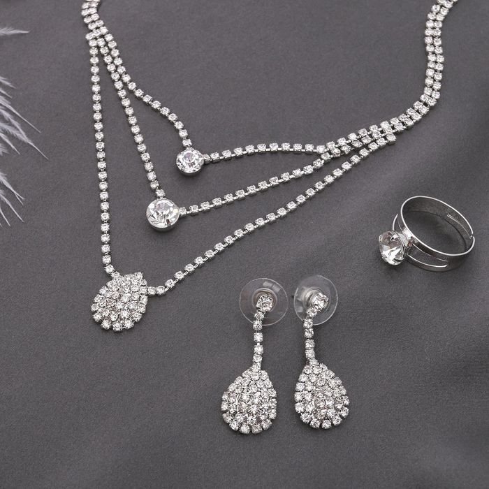 Набор 3 предмета: серьги, колье, кольцо "Жаклин" капля трио, цвет белый в серебре