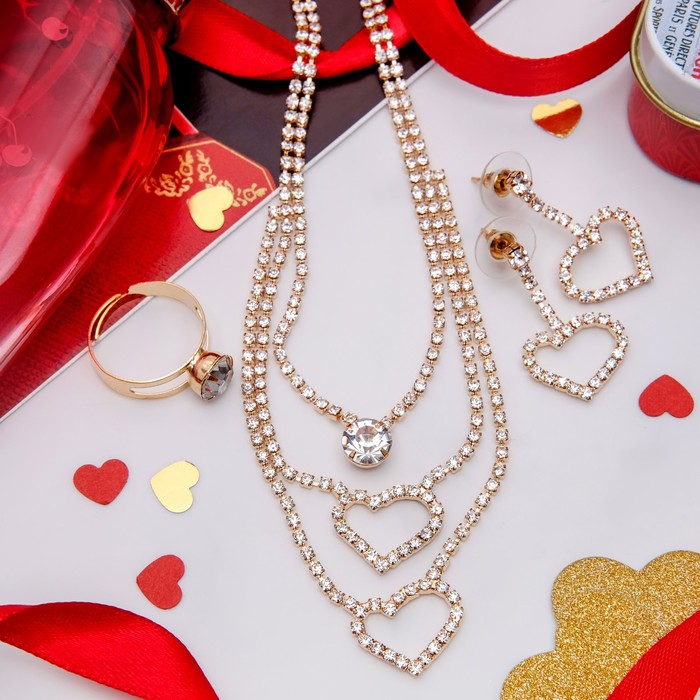 Набор 3 предмета: серьги, колье, кольцо "Жаклин" сердце трио, цвет белый в золоте