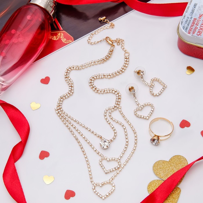 Набор 3 предмета: серьги, колье, кольцо "Жаклин" сердце трио, цвет белый в золоте