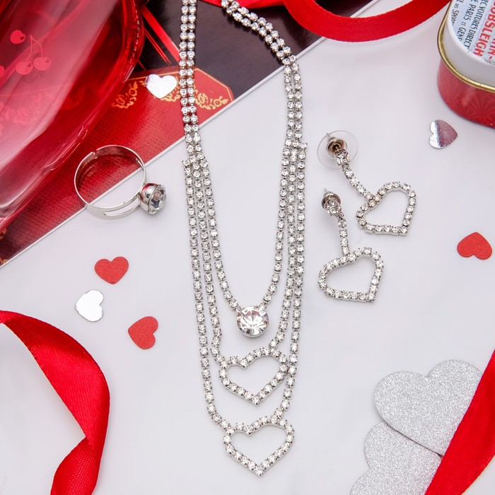 Набор 3 предмета: серьги, колье, кольцо "Жаклин" сердце трио, цвет белый в серебре