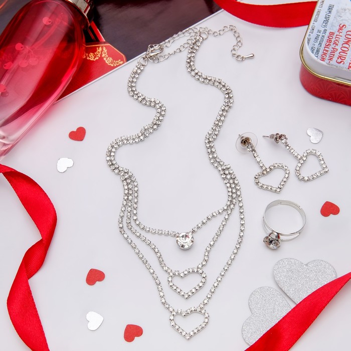 Набор 3 предмета: серьги, колье, кольцо "Жаклин" сердце трио, цвет белый в серебре