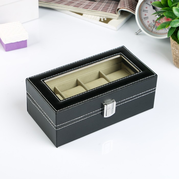 Шкатулка под часы кожзам 4 отделения "Чёрная ночь" матовая 7,5х20,5х10,5 см