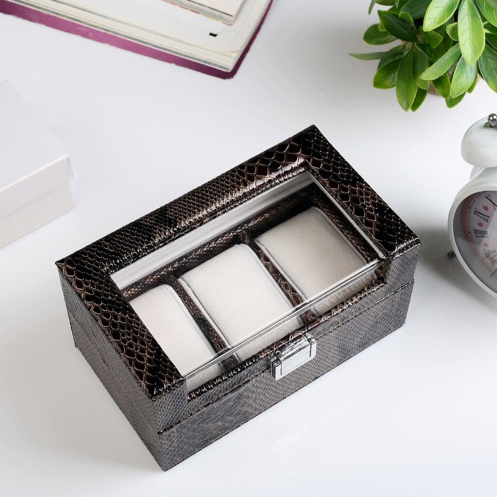 Шкатулка под часы кожзам 3 отделения "Рептилия" серая 10,5х19,5х11 см