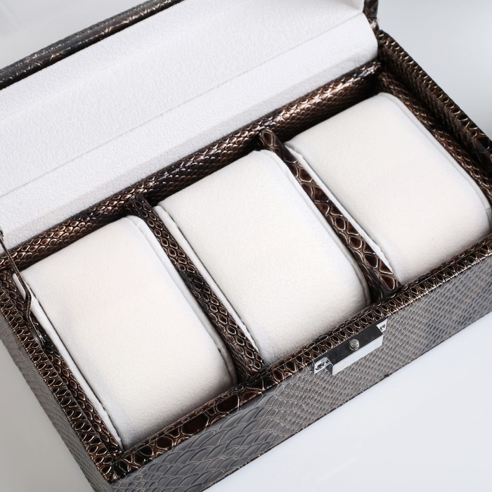 Шкатулка под часы кожзам 3 отделения "Рептилия" серая 10,5х19,5х11 см