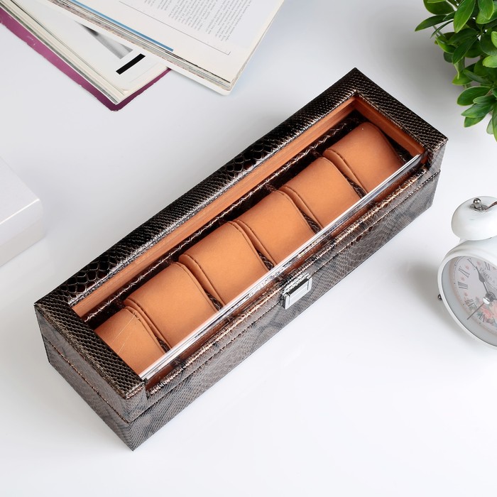 Шкатулка под часы кожзам 6 отделений "Рептилия" коричневая 10х36,5х11 см