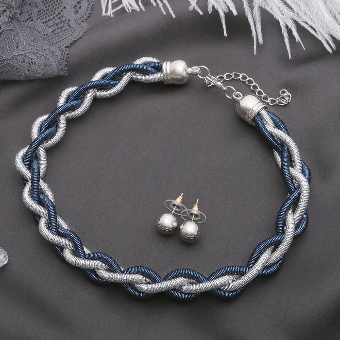 Набор 2 предмета: серьги, чокер "Анабель" кручёный, цвет серебристо-синий