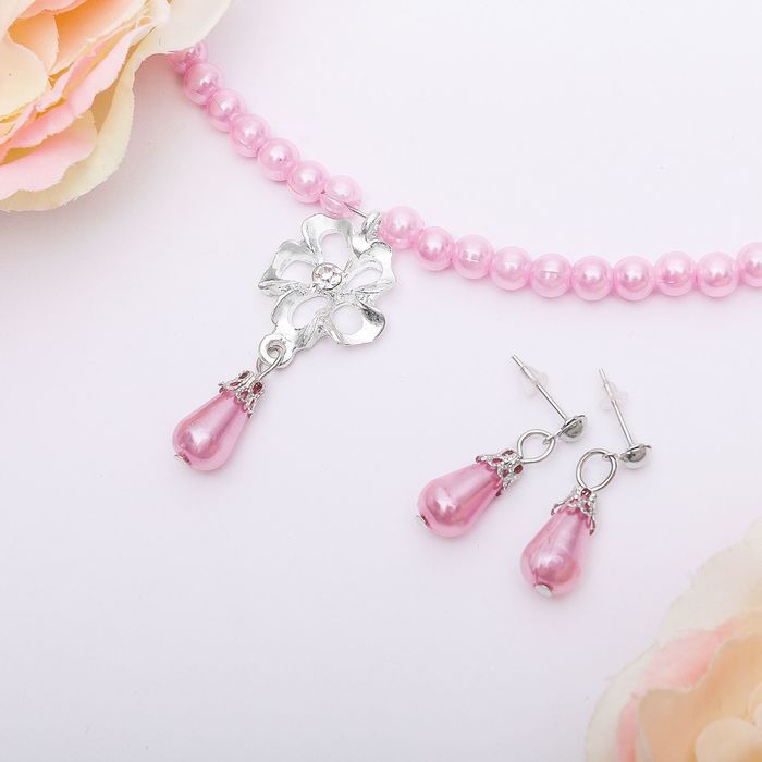 Набор 2 предмета: серьги, колье "Ванесса" цветок, цвет розовый в серебре