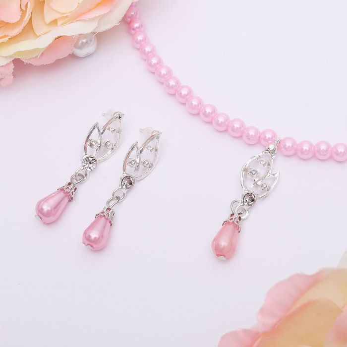 Набор 2 предмета: серьги, колье "Ванесса" лист, цвет розовый в серебре