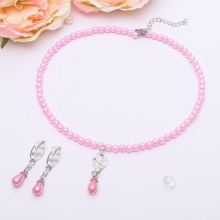 Набор 2 предмета: серьги, колье "Ванесса" лист, цвет розовый в серебре