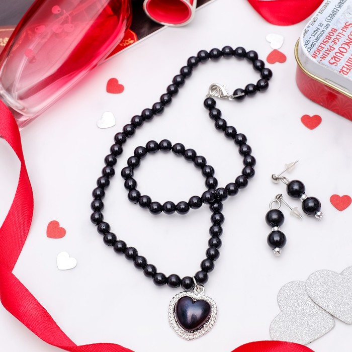 Набор 2 предмета: серьги, колье "Ванесса" сердце, цвет чёрный в серебре