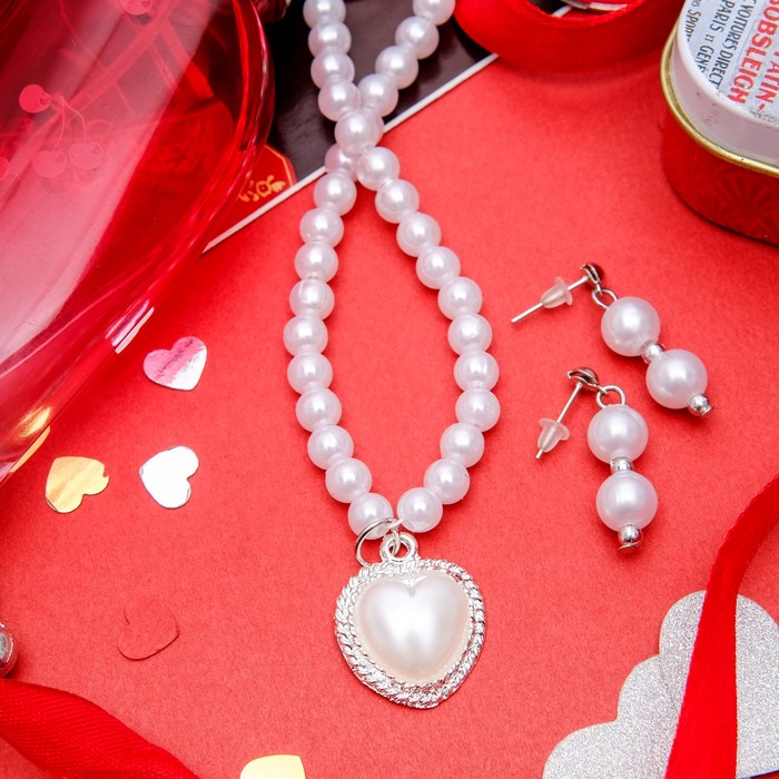 Набор 2 предмета: серьги, колье "Ванесса" сердце, цвет белый в серебре